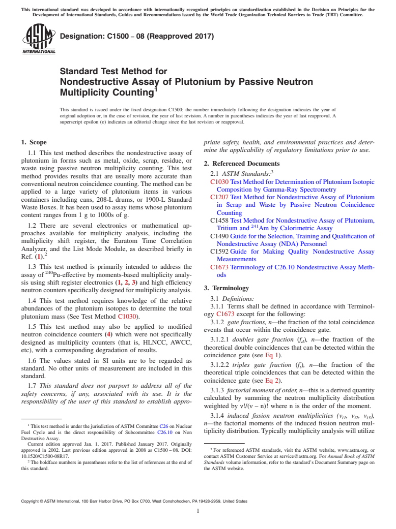 ASTM C1500-08(2017) - Standard Test Method for  Nondestructive Assay of Plutonium by Passive Neutron Multiplicity  Counting