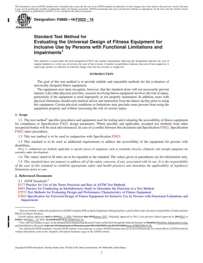 REDLINE ASTM F3022-16 - Standard Test Method for Evaluating the Universal Design of Fitness Equipment for Inclusive  Use by Persons with Functional Limitations and Impairments