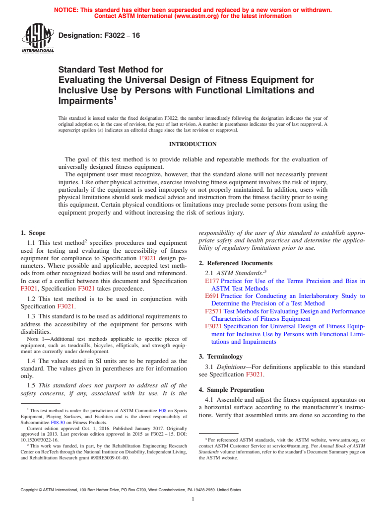 ASTM F3022-16 - Standard Test Method for Evaluating the Universal Design of Fitness Equipment for Inclusive  Use by Persons with Functional Limitations and Impairments