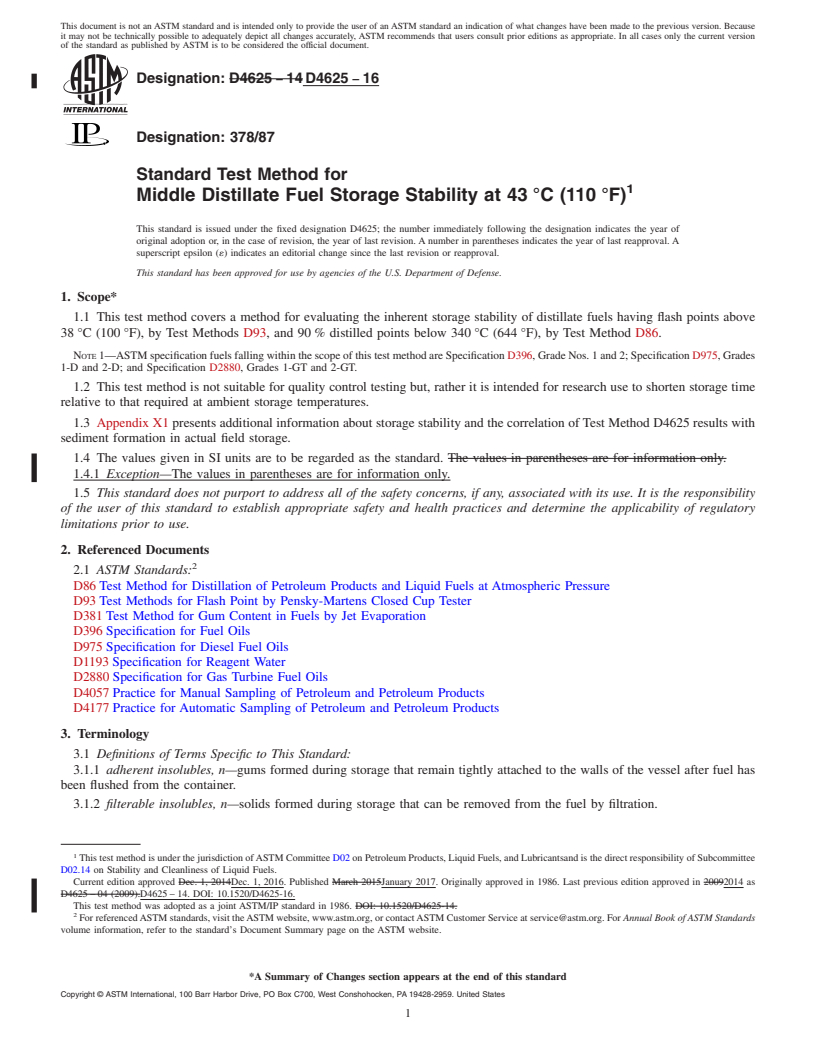 REDLINE ASTM D4625-16 - Standard Test Method for  Middle Distillate Fuel Storage Stability at 43&#x2009;&#xb0;C  (110&#x2009;&#xb0;F)