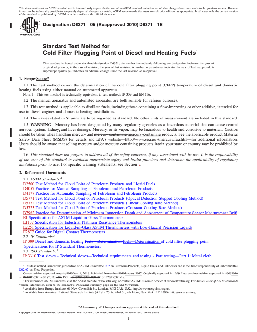 REDLINE ASTM D6371-16 - Standard Test Method for  Cold Filter Plugging Point of Diesel and Heating Fuels