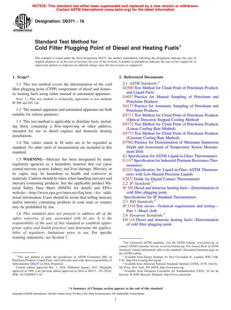 ASTM D6371-16 - Standard Test Method for  Cold Filter Plugging Point of Diesel and Heating Fuels