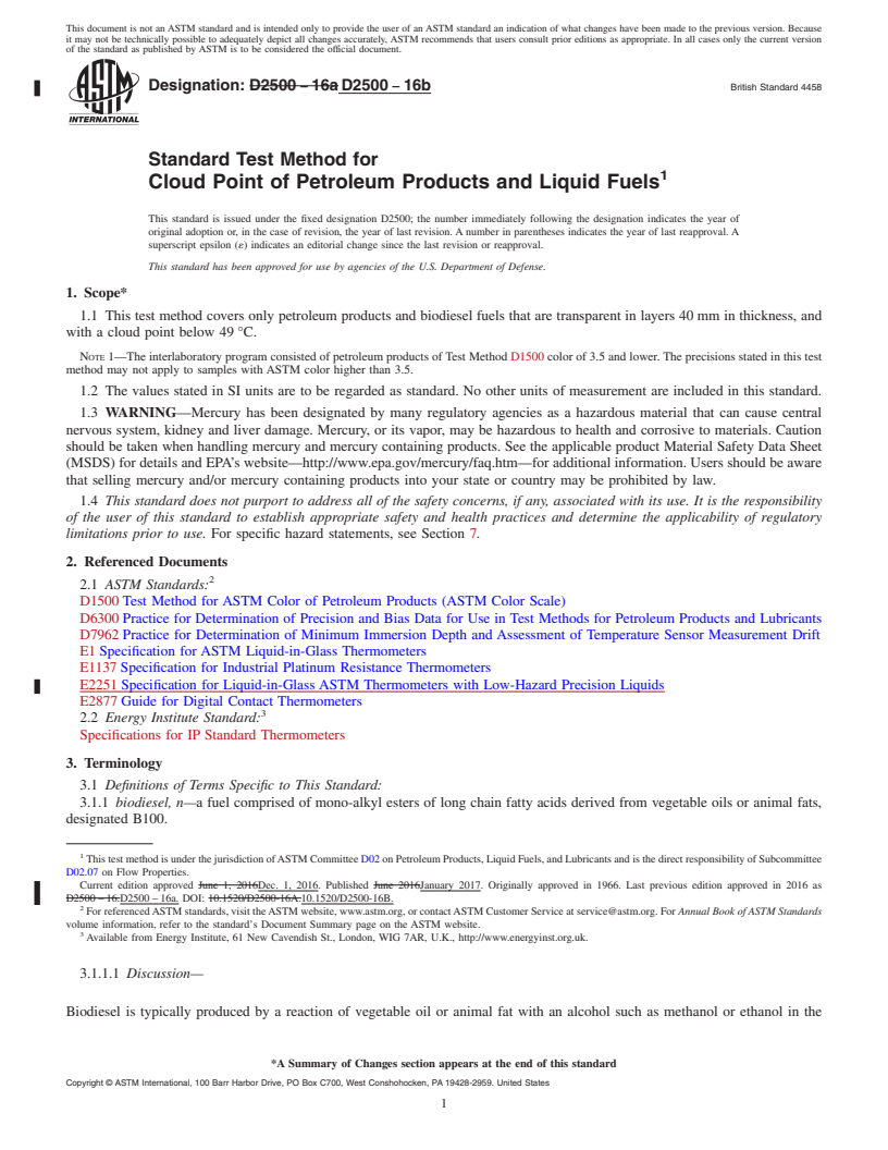 REDLINE ASTM D2500-16b - Standard Test Method for Cloud Point of Petroleum Products and Liquid Fuels