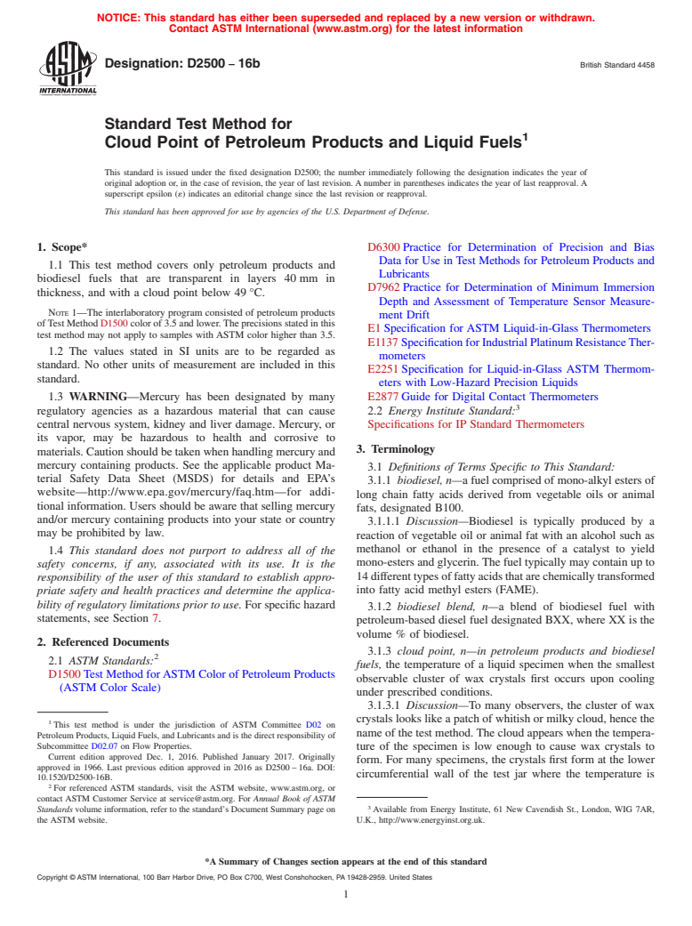 ASTM D2500-16b - Standard Test Method for Cloud Point of Petroleum Products and Liquid Fuels