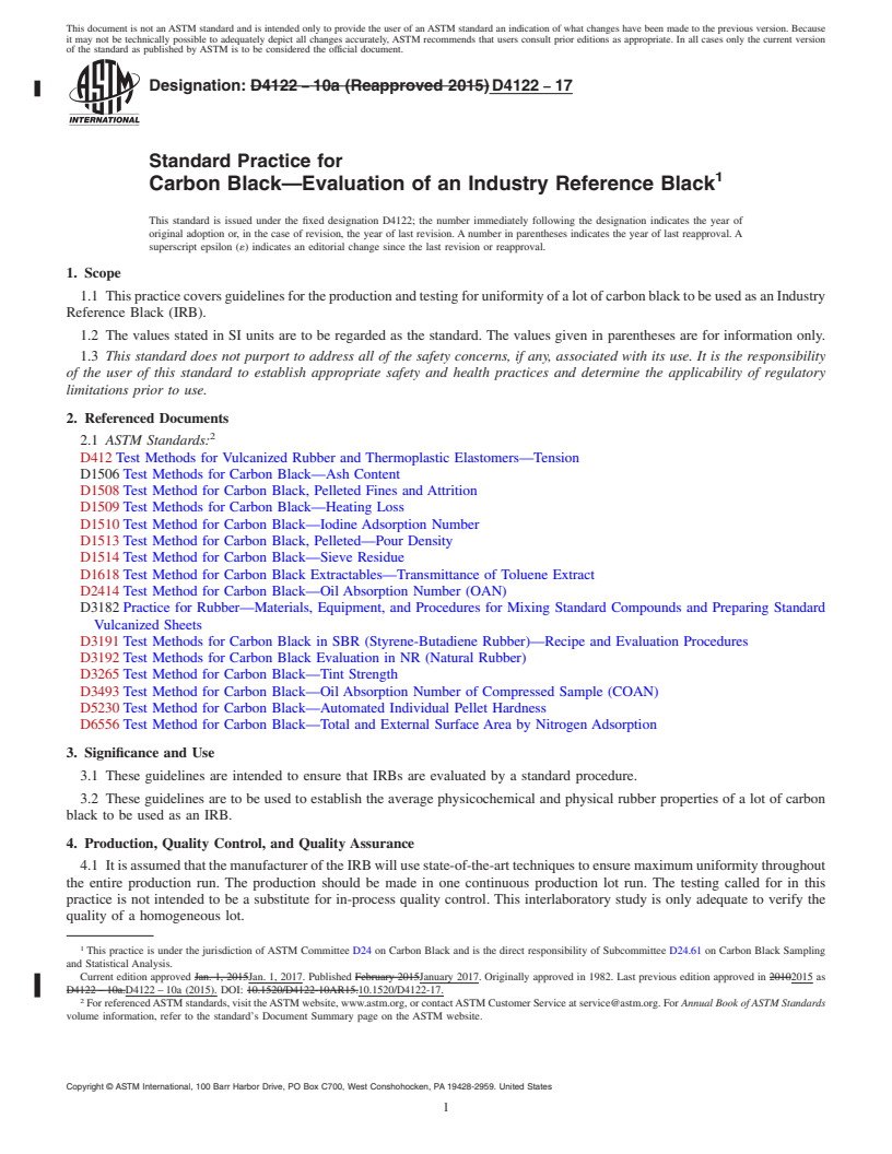 REDLINE ASTM D4122-17 - Standard Practice for  Carbon Black&#x2014;Evaluation of an Industry Reference Black