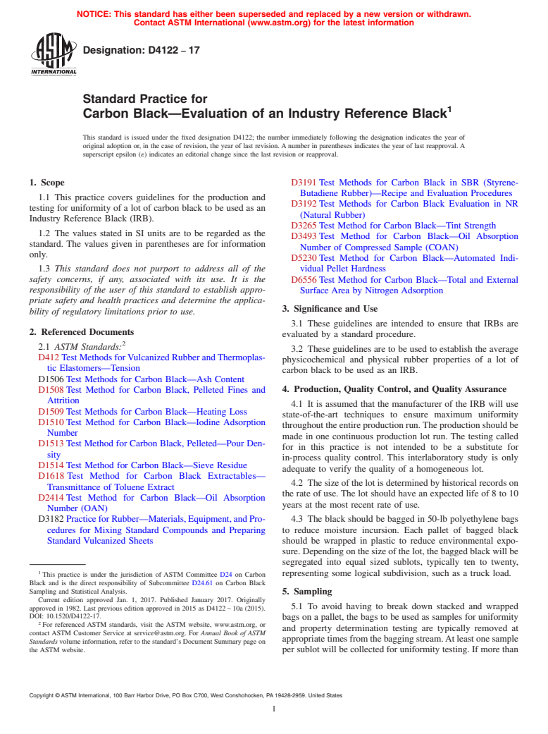 ASTM D4122-17 - Standard Practice for  Carbon Black&#x2014;Evaluation of an Industry Reference Black