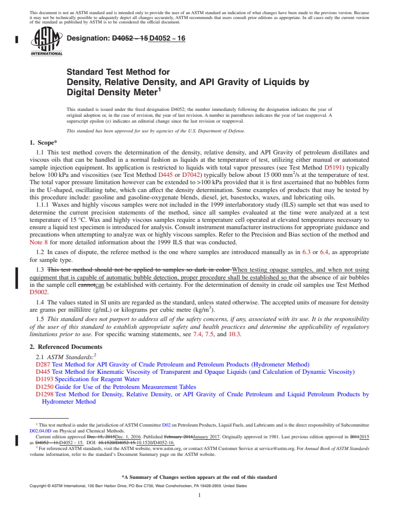 REDLINE ASTM D4052-16 - Standard Test Method for  Density, Relative Density, and API Gravity of Liquids by Digital   Density Meter