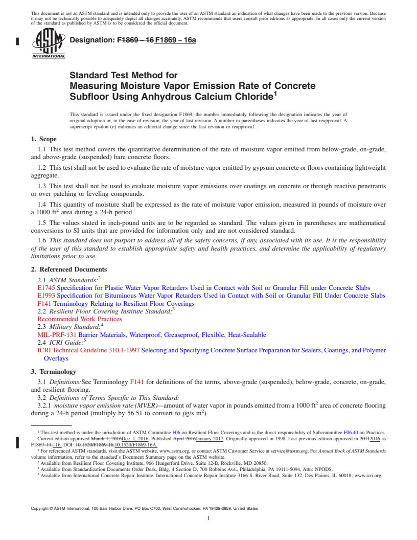 REDLINE ASTM F1869-16a - Standard Test Method for  Measuring Moisture Vapor Emission Rate of Concrete Subfloor  Using Anhydrous Calcium Chloride