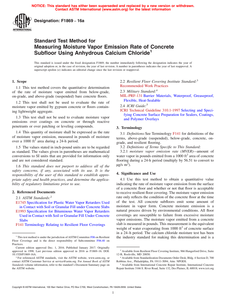 ASTM F1869-16a - Standard Test Method for  Measuring Moisture Vapor Emission Rate of Concrete Subfloor  Using Anhydrous Calcium Chloride