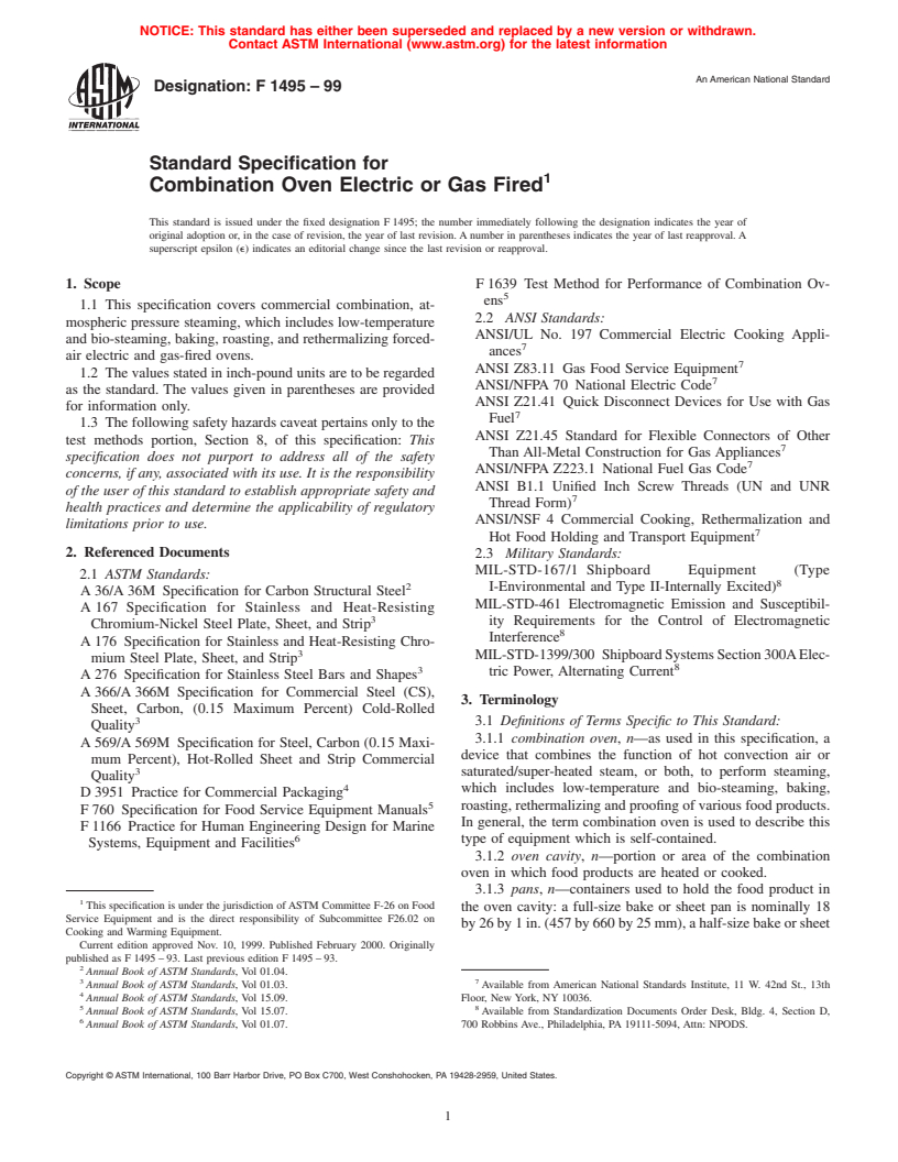 ASTM F1495-99 - Standard Specification for Combination Oven Electric or Gas Fired