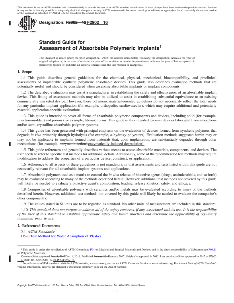 REDLINE ASTM F2902-16 - Standard Guide for Assessment of Absorbable Polymeric Implants