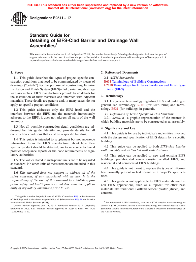 ASTM E2511-17 - Standard Guide for Detailing of EIFS-Clad Barrier and Drainage Wall Assemblies