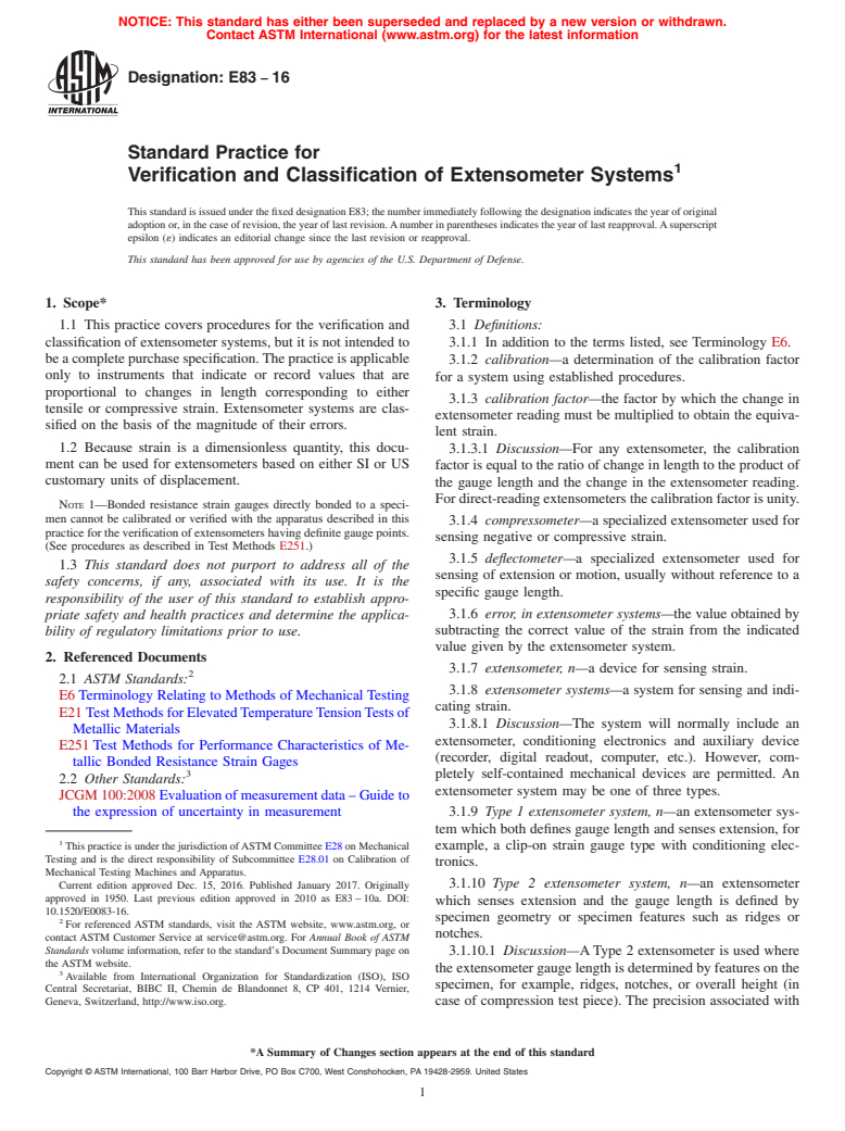 ASTM E83-16 - Standard Practice for  Verification and Classification of Extensometer Systems