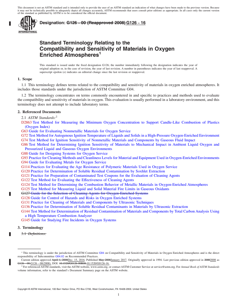 REDLINE ASTM G126-16 - Standard Terminology Relating to the  Compatibility and Sensitivity of Materials in Oxygen Enriched  Atmospheres