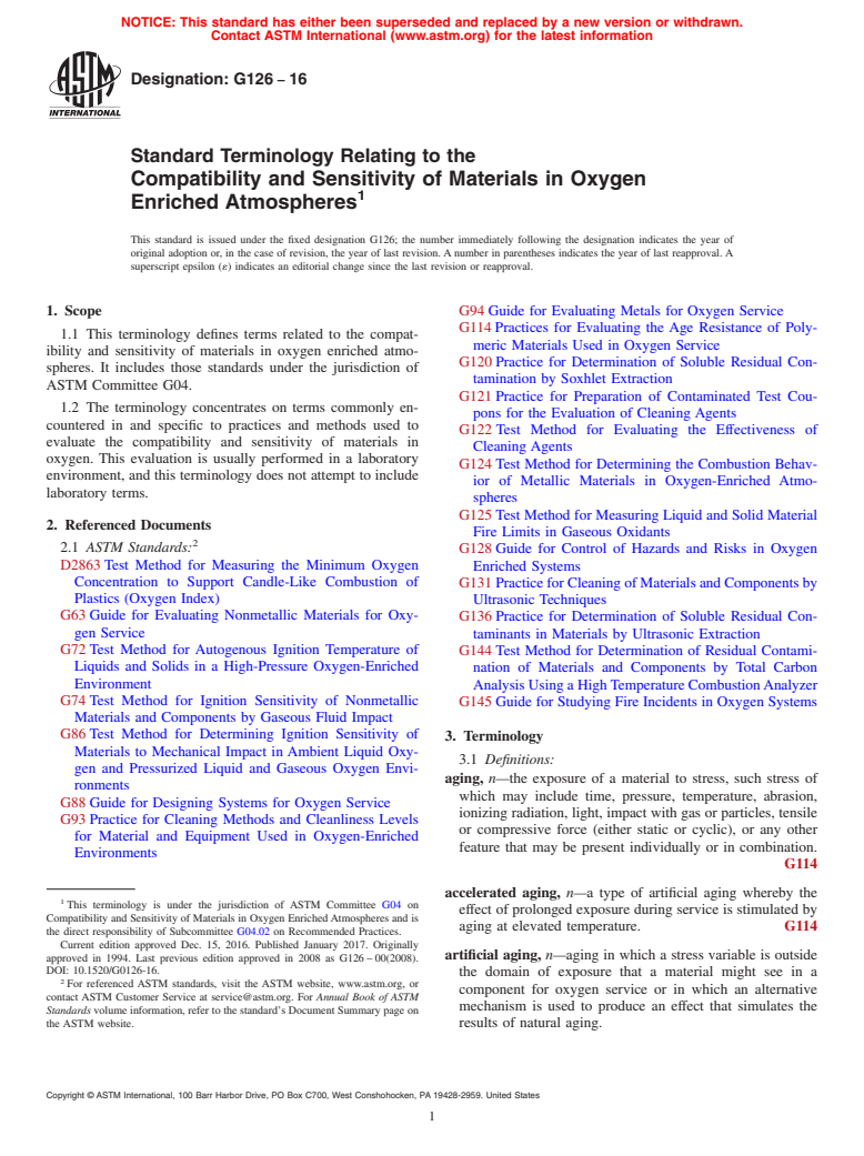 ASTM G126-16 - Standard Terminology Relating to the  Compatibility and Sensitivity of Materials in Oxygen Enriched  Atmospheres