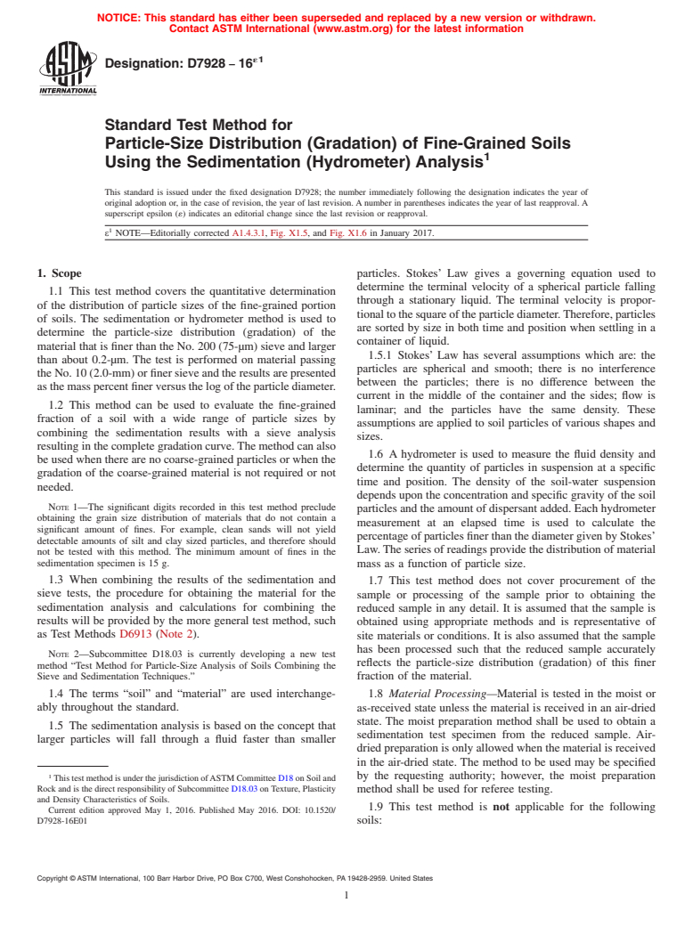 ASTM D7928-16e1 - Standard Test Method for Particle-Size Distribution (Gradation) of Fine-Grained Soils  Using the Sedimentation (Hydrometer) Analysis