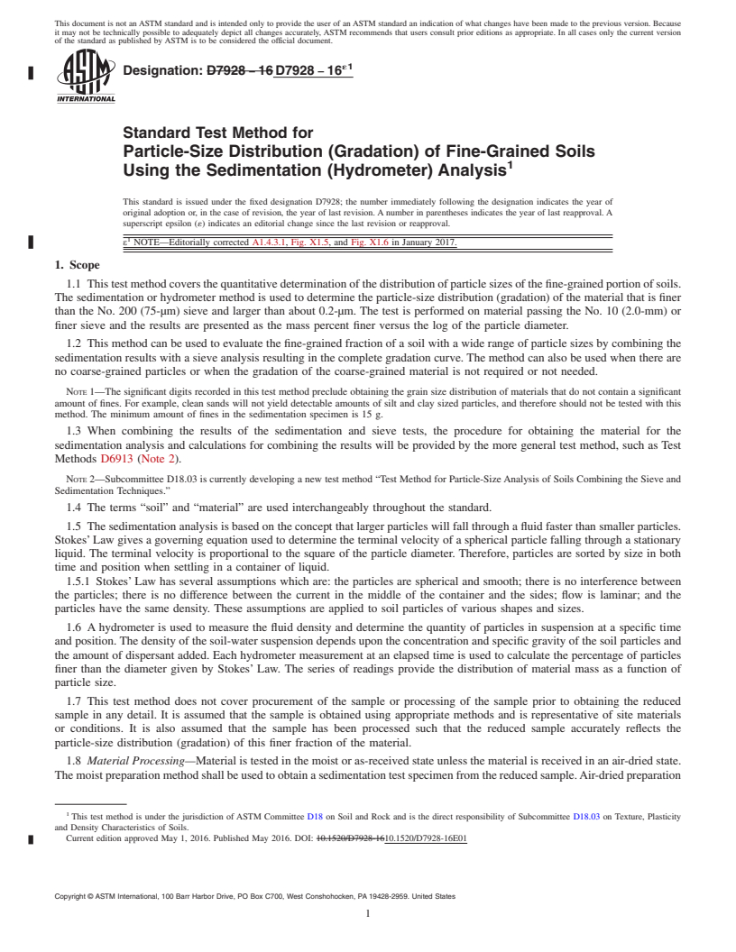 REDLINE ASTM D7928-16e1 - Standard Test Method for Particle-Size Distribution (Gradation) of Fine-Grained Soils  Using the Sedimentation (Hydrometer) Analysis