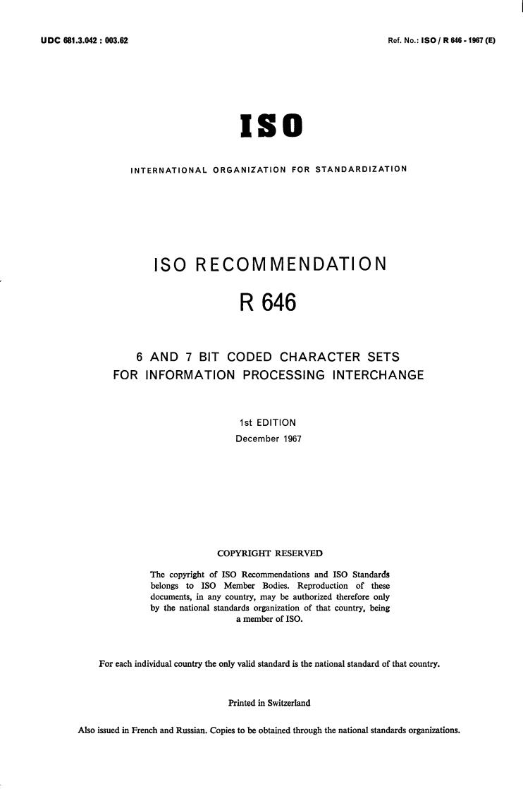 ISO/R 646:1967 - Title missing - Legacy paper document
Released:1/1/1967