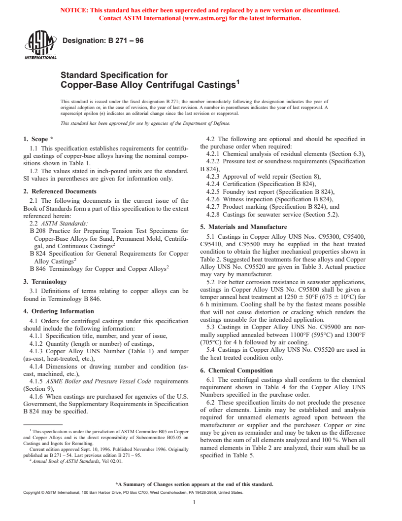 ASTM B271-96 - Standard Specification for Copper-Base Alloy Centrifugal Castings