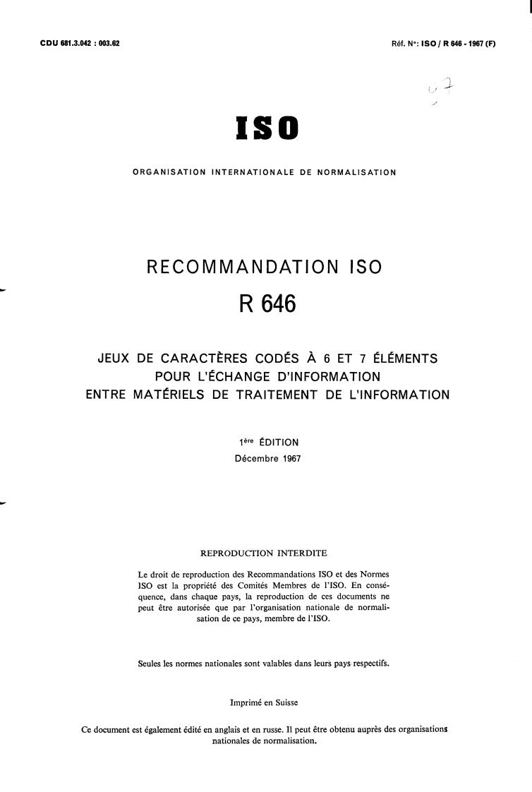 ISO/R 646:1967 - Title missing - Legacy paper document
Released:1/1/1967