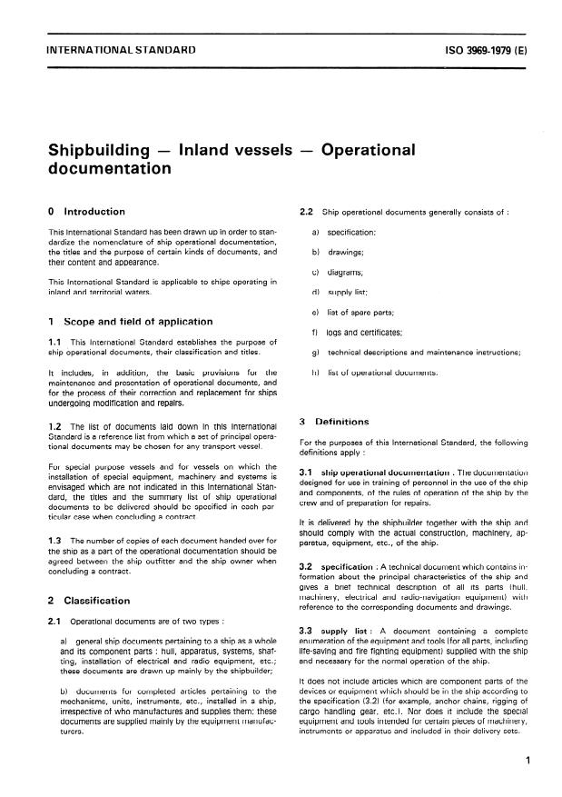 ISO 3969:1979 - Shipbuilding -- Inland vessels -- Operational documentation