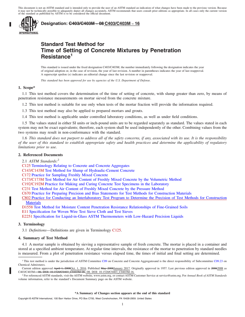 REDLINE ASTM C403/C403M-16 - Standard Test Method for  Time of Setting of Concrete Mixtures by Penetration Resistance