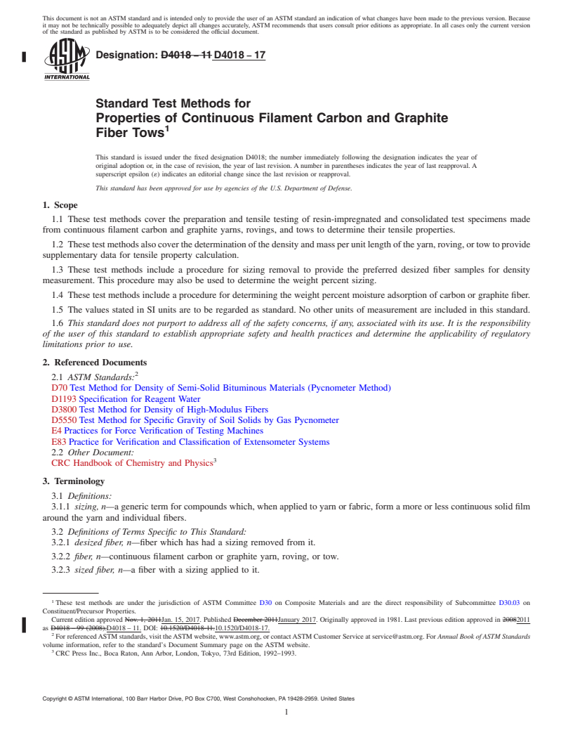 REDLINE ASTM D4018-17 - Standard Test Methods for  Properties of Continuous Filament Carbon and Graphite Fiber  Tows