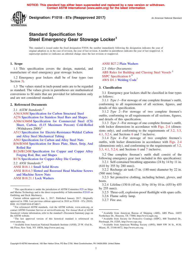 ASTM F1018-87a(2017) - Standard Specification for  Steel Emergency Gear Stowage Locker