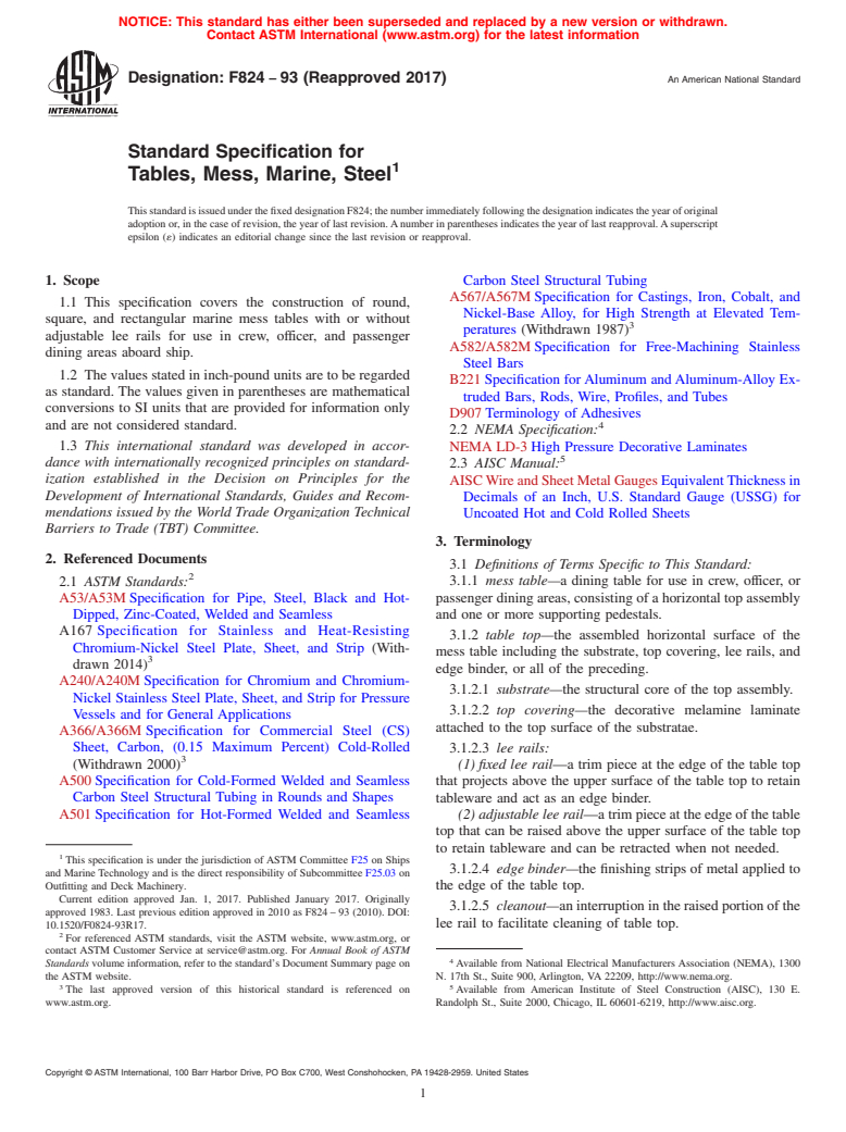 ASTM F824-93(2017) - Standard Specification for  Tables, Mess, Marine, Steel