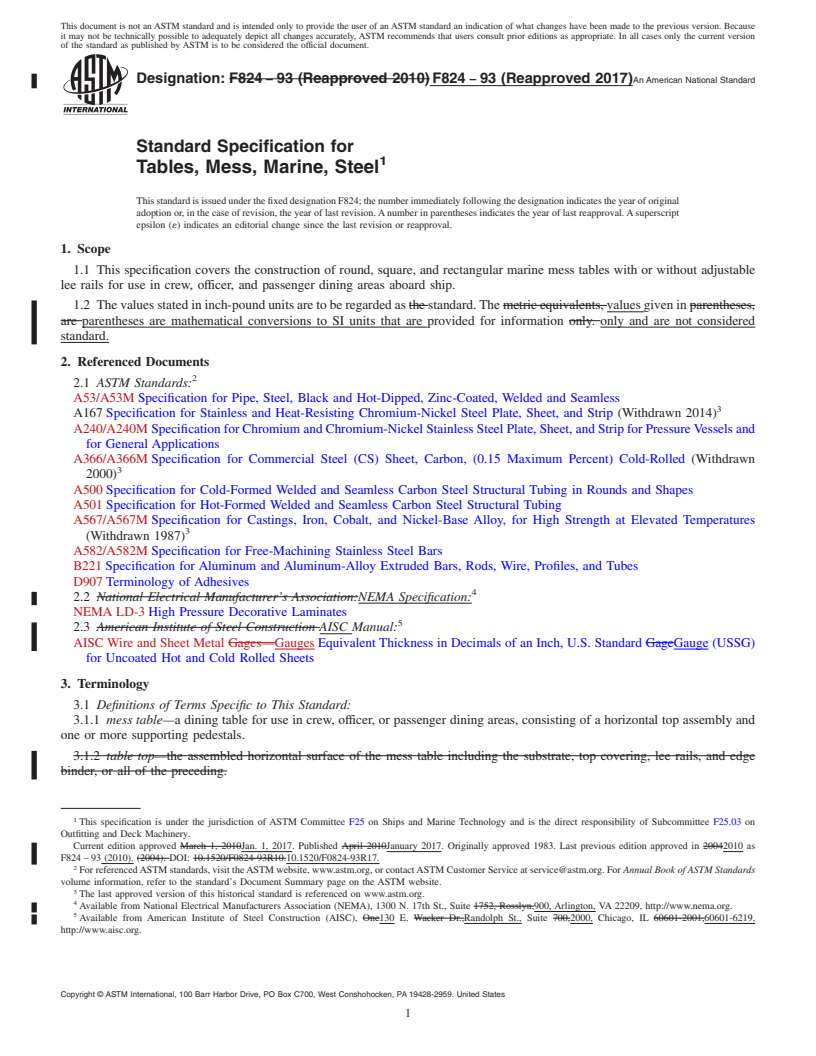 REDLINE ASTM F824-93(2017) - Standard Specification for  Tables, Mess, Marine, Steel