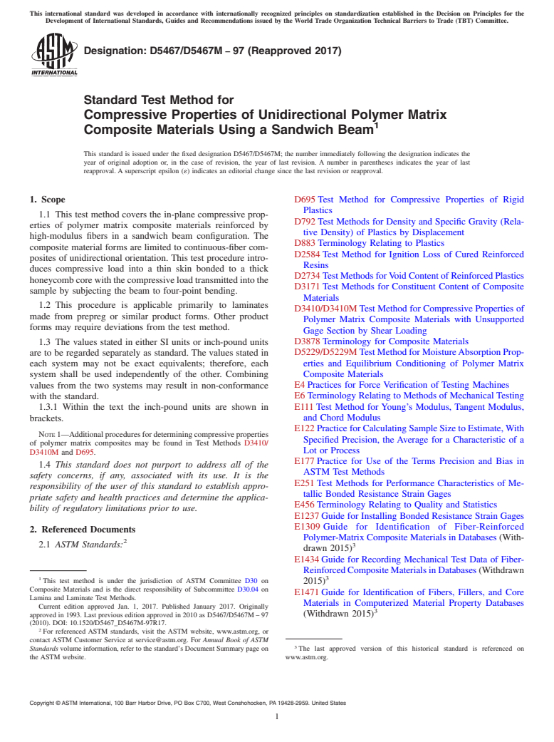 ASTM D5467/D5467M-97(2017) - Standard Test Method for  Compressive Properties of Unidirectional Polymer Matrix Composite  Materials Using a Sandwich Beam