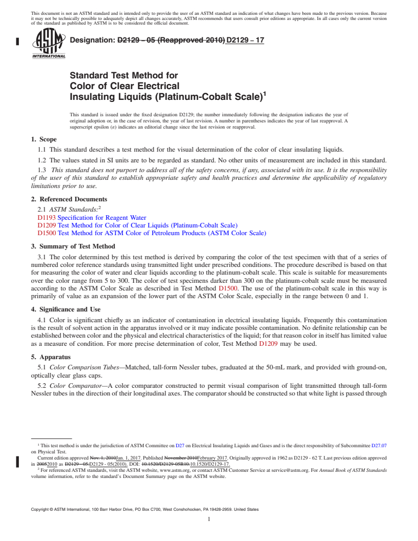 REDLINE ASTM D2129-17 - Standard Test Method for Color of Clear Electrical <brk/>Insulating Liquids (Platinum-Cobalt Scale)