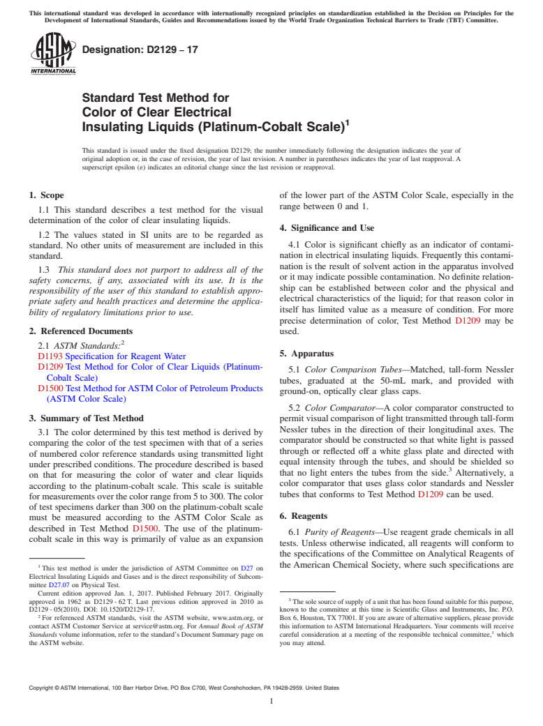 ASTM D2129-17 - Standard Test Method for Color of Clear Electrical <brk/>Insulating Liquids (Platinum-Cobalt Scale)