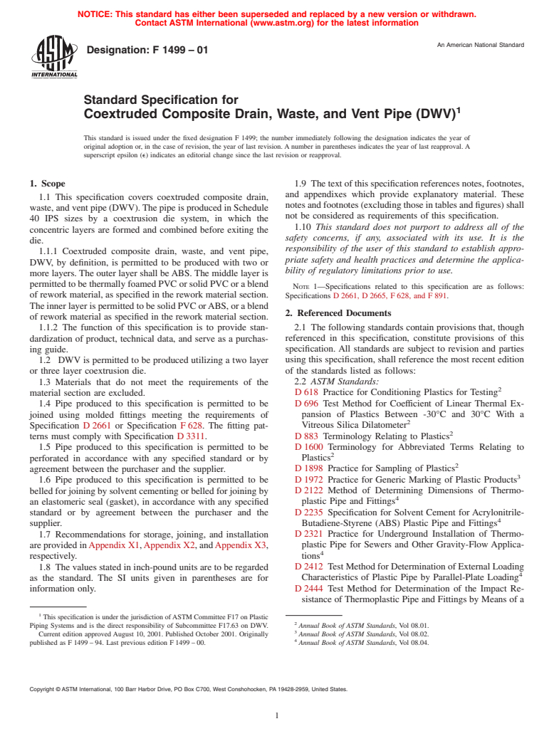 ASTM F1499-01 - Standard Specification for Coextruded Composite Drain, Waste, and Vent Pipe (DWV)