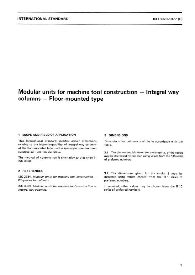 ISO 3970:1977 - Modular units for machine tool construction -- Integral way columns -- Floor-mounted type