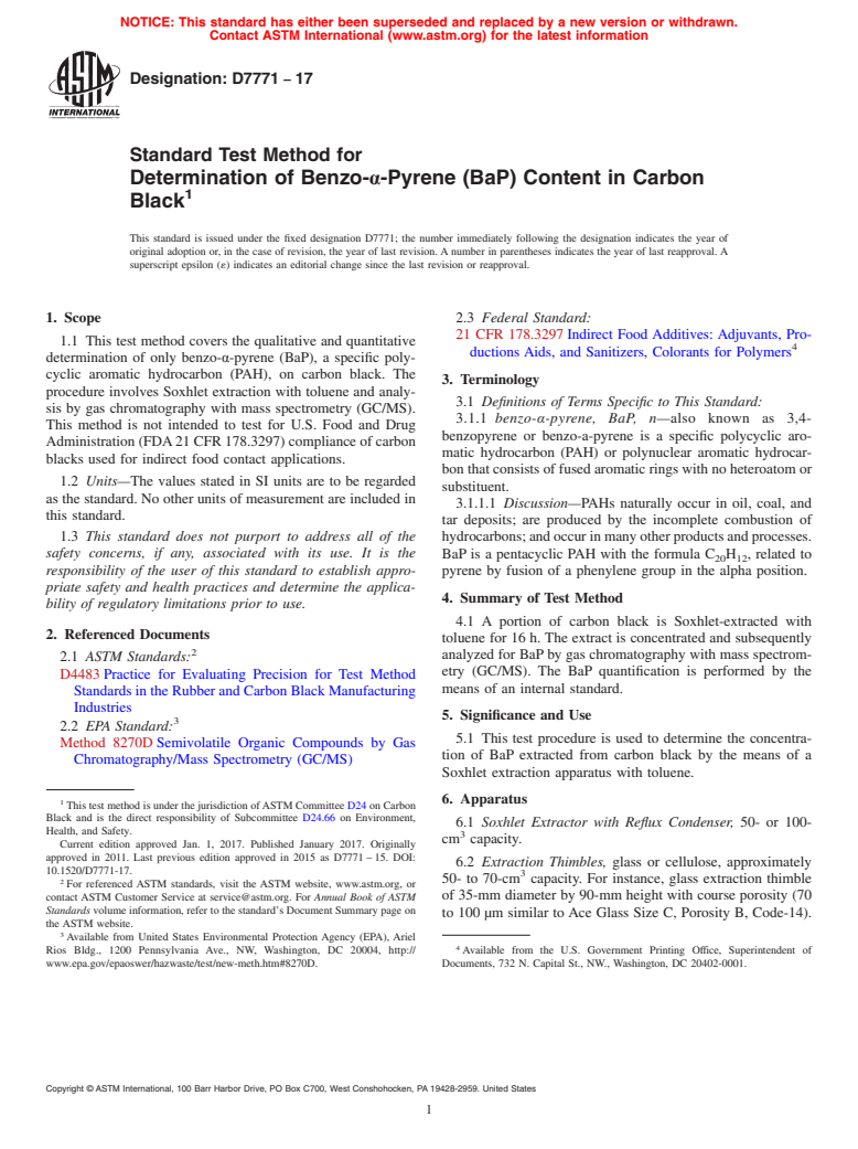 ASTM D7771-17 - Standard Test Method for Determination of Benzo-&#x3b1;-Pyrene (BaP) Content in Carbon  Black