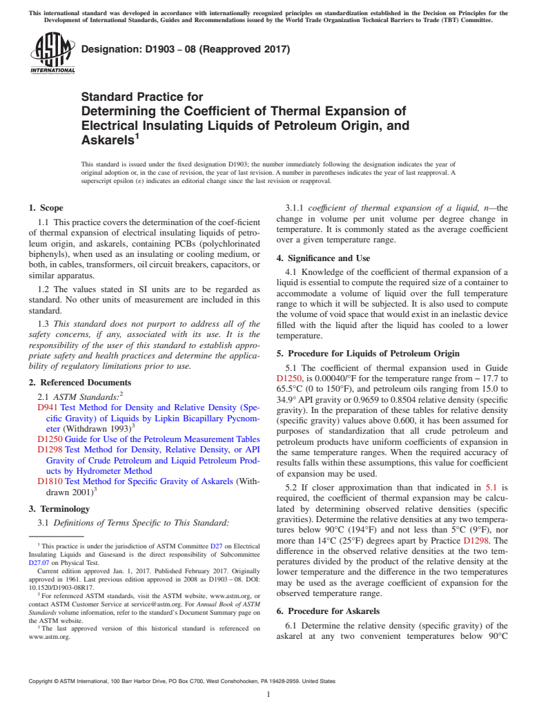 ASTM D1903-08(2017) - Standard Practice for  Determining the Coefficient of Thermal Expansion of Electrical  Insulating Liquids of Petroleum Origin, and Askarels