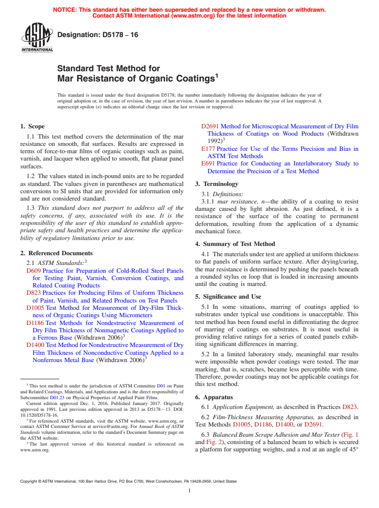 ASTM D5178-16 - Standard Test Method for Mar Resistance of Organic Coatings