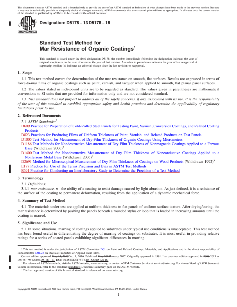 REDLINE ASTM D5178-16 - Standard Test Method for Mar Resistance of Organic Coatings