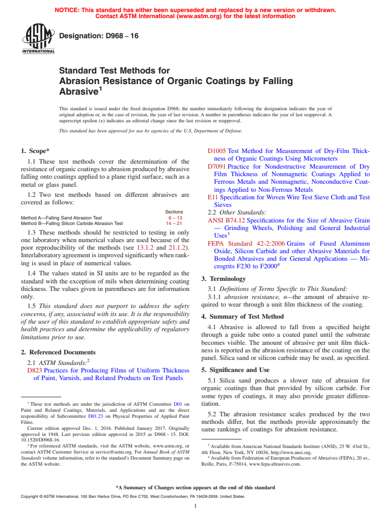 ASTM D968-16 - Standard Test Methods for Abrasion Resistance of Organic Coatings by Falling Abrasive