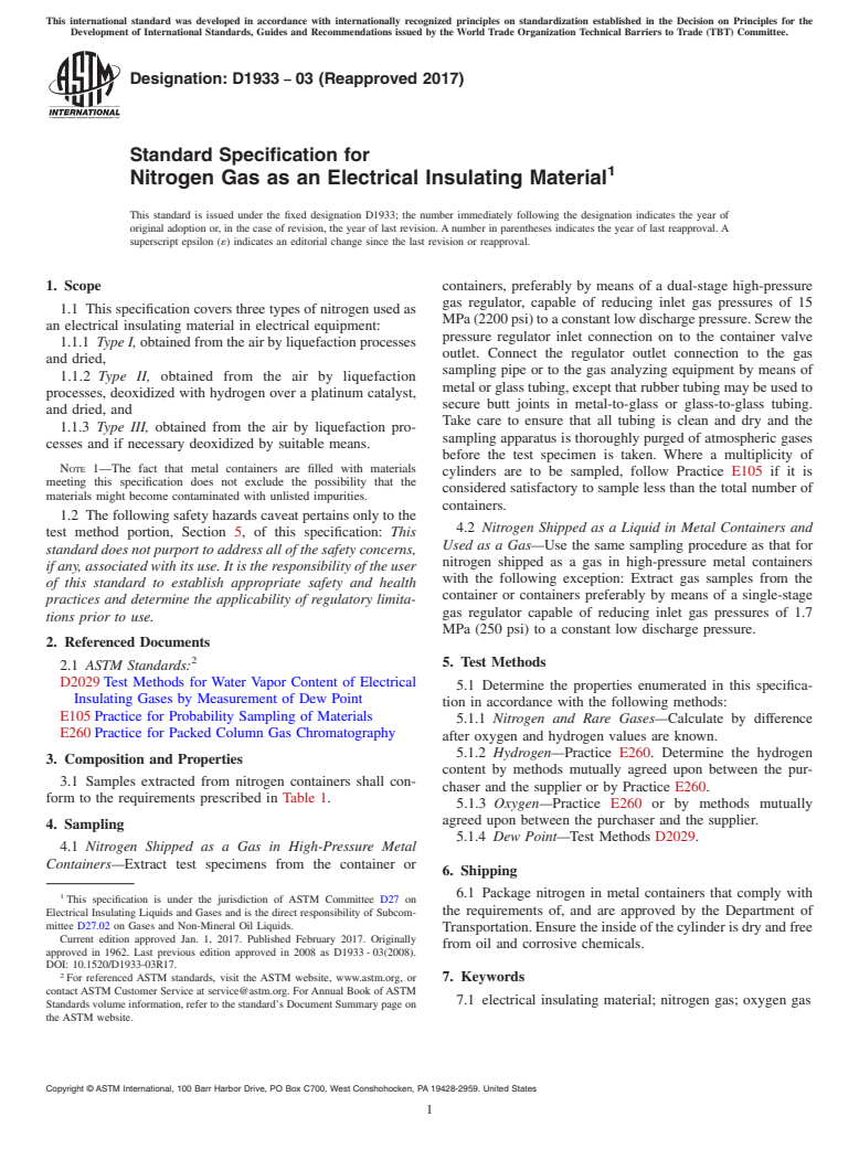 ASTM D1933-03(2017) - Standard Specification for  Nitrogen Gas as an Electrical Insulating Material