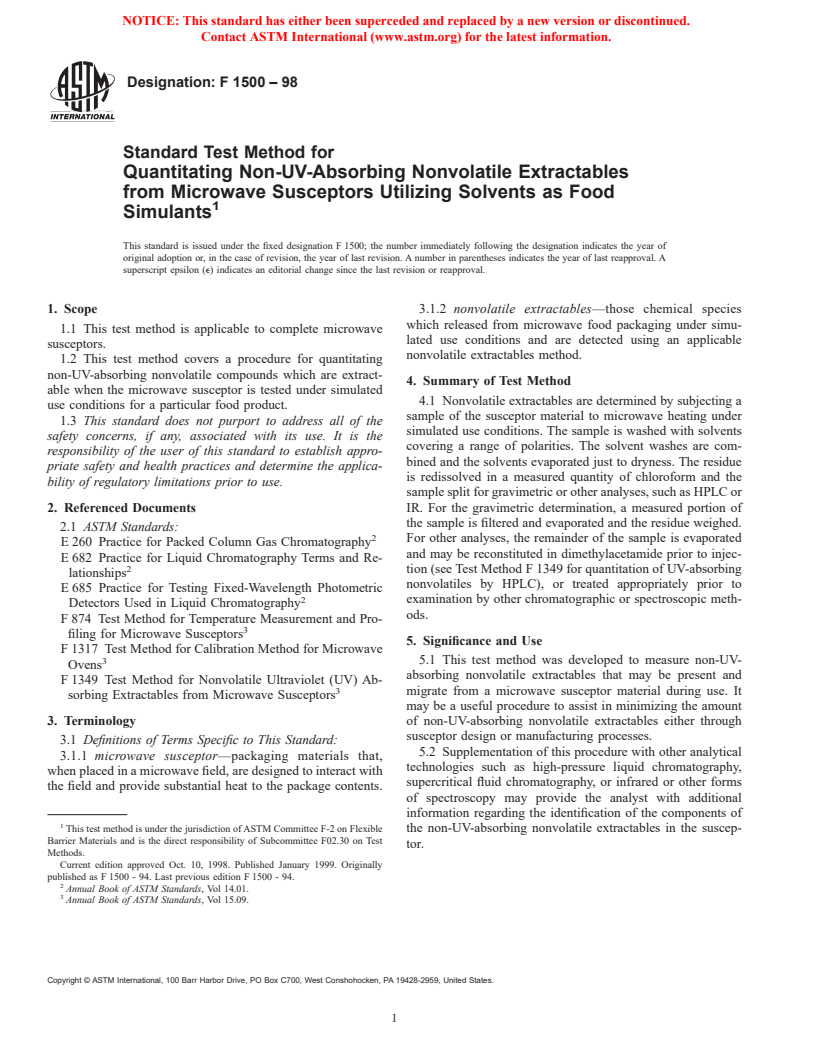 ASTM F1500-98 - Standard Test Method for Quantitating Non-UV-Absorbing Nonvolatile Extractables from Microwave Susceptors Utilizing Solvents as Food Simulants