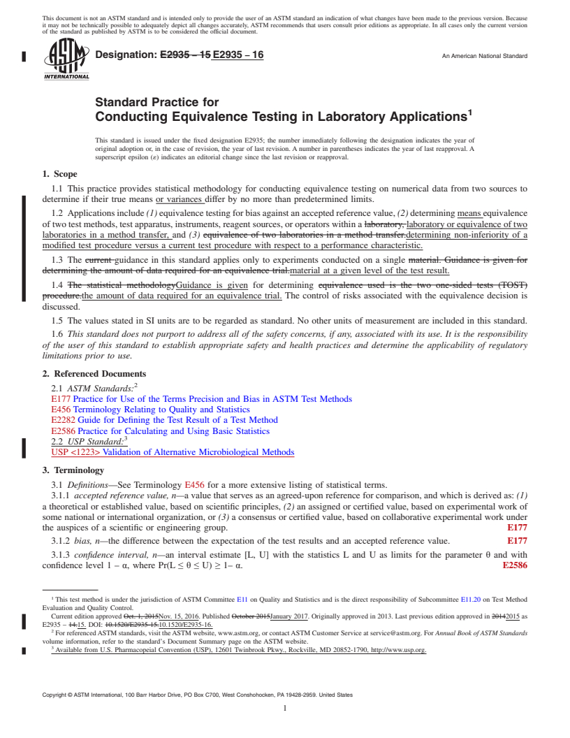 REDLINE ASTM E2935-16 - Standard Practice for Conducting Equivalence Testing in Laboratory Applications