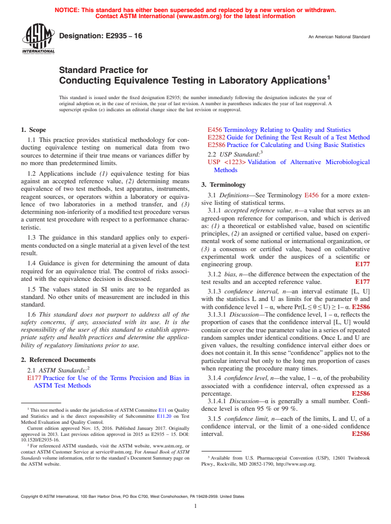 ASTM E2935-16 - Standard Practice for Conducting Equivalence Testing in Laboratory Applications