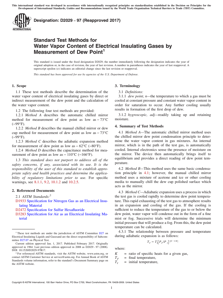 ASTM D2029-97(2017) - Standard Test Methods for  Water Vapor Content of Electrical Insulating Gases by Measurement   of Dew Point