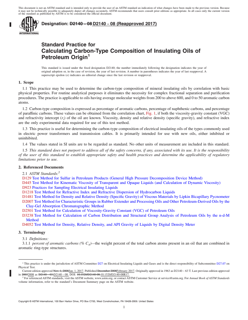 REDLINE ASTM D2140-08(2017) - Standard Practice for  Calculating Carbon-Type Composition of Insulating Oils of Petroleum  Origin