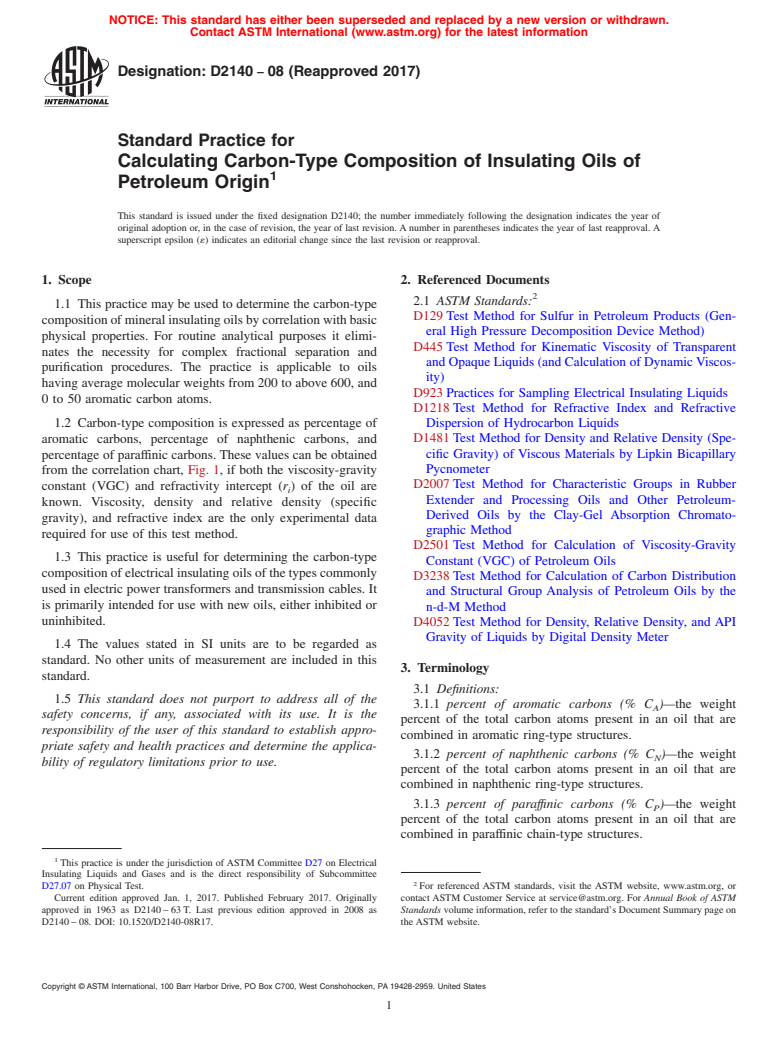 ASTM D2140-08(2017) - Standard Practice for  Calculating Carbon-Type Composition of Insulating Oils of Petroleum  Origin