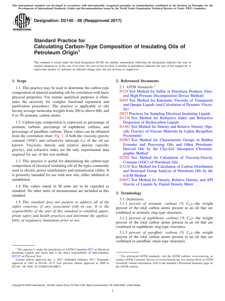 ASTM D2140-08(2017) - Standard Practice for  Calculating Carbon-Type Composition of Insulating Oils of Petroleum  Origin