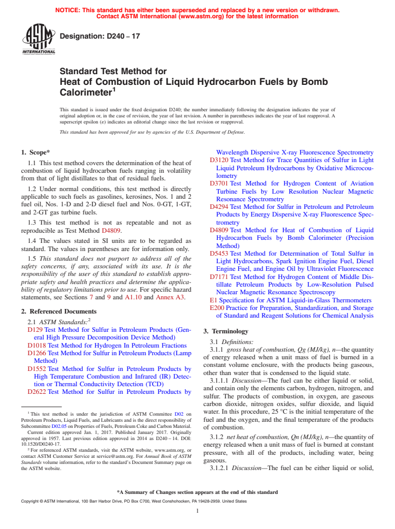 ASTM D240-17 - Standard Test Method for  Heat of Combustion of Liquid Hydrocarbon Fuels by Bomb Calorimeter