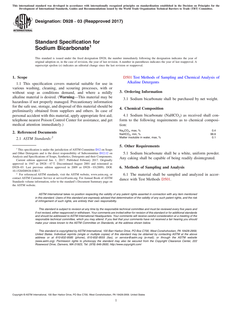 ASTM D928-03(2017) - Standard Specification for  Sodium Bicarbonate